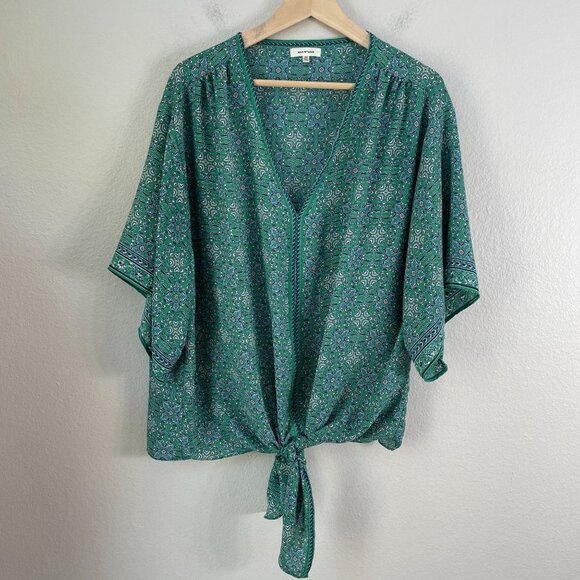 Max Studio Womens Plus 3X Green Blue V Neck Tie Front Blouse Kimono Sleeve Shirt - Picture 7 of 10